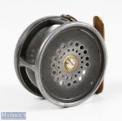 Scarce Hardy Bros 2 ½" Brass Faced Perfect Wide Drum fly reel with rod in hand, oval and straight