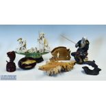 Fishing Decorative Ornaments, to include 2 Oriental fishing scenes made of resin, wooden fish 1