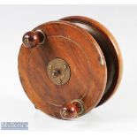 Scarce Milwards 6" 'African' frog back ocean wood and brass reel twin handled, on/off check, good