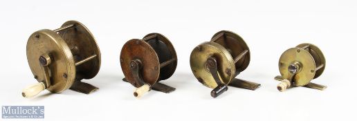 Carter & Sons maker London 2 ½" brass multiplying wind reel with curved crank arm, raised end plate,