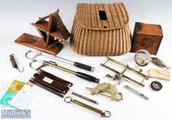 French Reed Fishing Creel, full of Vintage fishing accessories, with noted items of, an Ogden