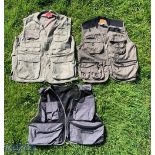 3x Fishing Waist Coats Vests Gilet, all size L - to include a grey Daiwa wilderness vest, a green