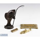 Brass/Bronze Fishing Decorative Items, to include a #25cm tall fish with rod figure, a desk tidy pen