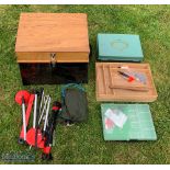 Fishing Tackle Box/ Set, with a selection of plastic tackle trays, has a wooden top made by Broxhead