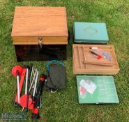 Fishing Tackle Box/ Set, with a selection of plastic tackle trays, has a wooden top made by Broxhead