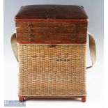 Rattan Cane seat box with top tackle trays with canvas shoulder strap, measures 49cm height, 37cm