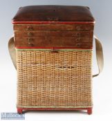 Rattan Cane seat box with top tackle trays with canvas shoulder strap, measures 49cm height, 37cm