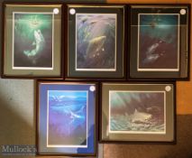 5x M J Groves signed Framed Fishing Prints, to include blue Marlin, Barbel, Bass, mirror Carp,