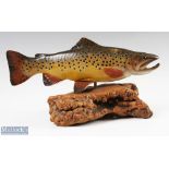 c1987 Bob Berry Carved Trout fish on wooden stand, quality carving by a desirable wood carving