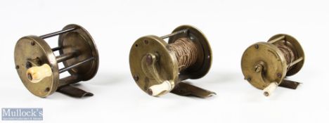 Unnamed 2 ¼" brass multiplying winch reel with curved crank arm, raised end plate, spool width