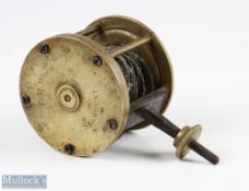 19th century T M Wood, Seamount brass 2 5/8" spike winch reel width 2 1/8", with shaped handle and