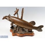 David Hughes Bronze effect Pike Sculpture a large and impressive fish hunting, on wooden plinth, has