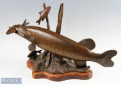 David Hughes Bronze effect Pike Sculpture a large and impressive fish hunting, on wooden plinth, has