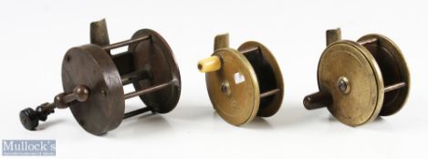 A collection of 3x brass reels comprising: C Farlow & Co London, plate wind 2 ½" approx. spool