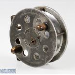 Slater made 4 5/8" centre pin alloy reel retailed by A. Carter & Co, London, twin horn handles, line