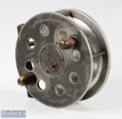 Slater made 4 5/8" centre pin alloy reel retailed by A. Carter & Co, London, twin horn handles, line