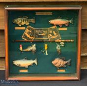 Fishing Framed Diorama, with resin fish lures reel and rod, framed and mounted under glass #39cm x