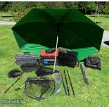 Selection of Landing Net handles, bags, seat boxes etc features 2x umbrellas, small Leeda bag, a