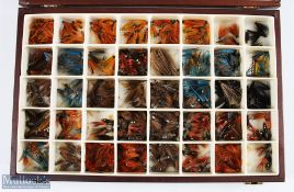 Interesting hardwood fly counter display box with hinged clear plastic lid, 40 compartments