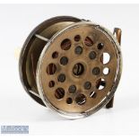 Rare Hardy Bros Perfect 4 ¼" all brass transitional reel with nickel silver pillars and frame,