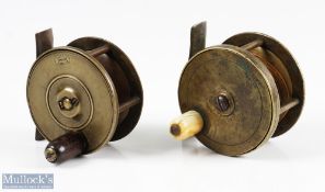 Two J Flint, Dublin 2 5/8" brass reels both plate wind with original fat knobs, both stamped with