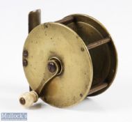 Long, Dublin brass 3" crank wind reel shaped crank handle with original turned knob, raised check