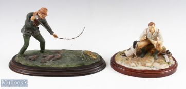 2x Resin Fishing Decorative Figures, a cloudside studio fisherman with dog on wooden plinth #23cm