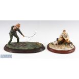 2x Resin Fishing Decorative Figures, a cloudside studio fisherman with dog on wooden plinth #23cm