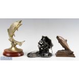 3x Fishing Ornaments, to include a brass leaping Salmon figure 22cm tall on wooden plinth, a resin