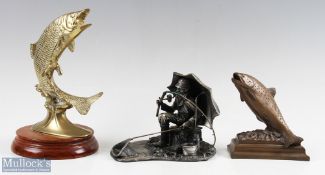 3x Fishing Ornaments, to include a brass leaping Salmon figure 22cm tall on wooden plinth, a resin