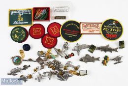 Fishing Related Metal & Enamel badges, Brooches, with a good selection of unused cloth patches (#