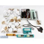 Accessories: Collection of 75+ fishing line dressings pots, 3nx Marco bite indicators, Maggapult