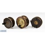 Unnamed ebonite and brass centre pin reel star back 4" spool with twin black handles, brass 3