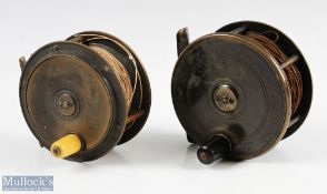 Two early 20th century brass fly reels R Turnbull, Edinburgh 4", black handle with makers stamped