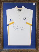 2014 European Ryder Cup players shirt, signed Stephen Gallacher - with a dedication to shirt, framed