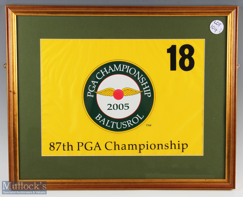 2005 Baltusrol PGA 87th Championship 18th Pin Flag- won by Phil Mikelson, framed and mounted under