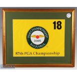 2005 Baltusrol PGA 87th Championship 18th Pin Flag- won by Phil Mikelson, framed and mounted under