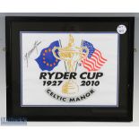 2010 Ryder Cup Celtic Manor Signed Flag, signed by Captain of Europe Colin Montgomeie, framed and