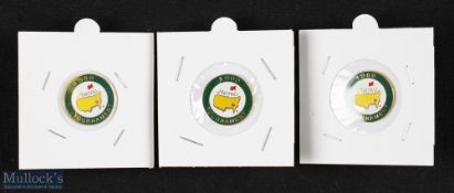 3x Original 1980s US Masters Golf Tournament Enamel Ball Markers - 1988 (Sandy Lyle), 1989 (Nick