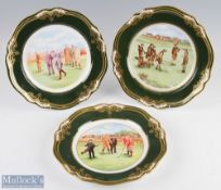 3 Spode Masterpieces Bone China Golfing Cabinet Plates one hand painted depicting 19th century scene