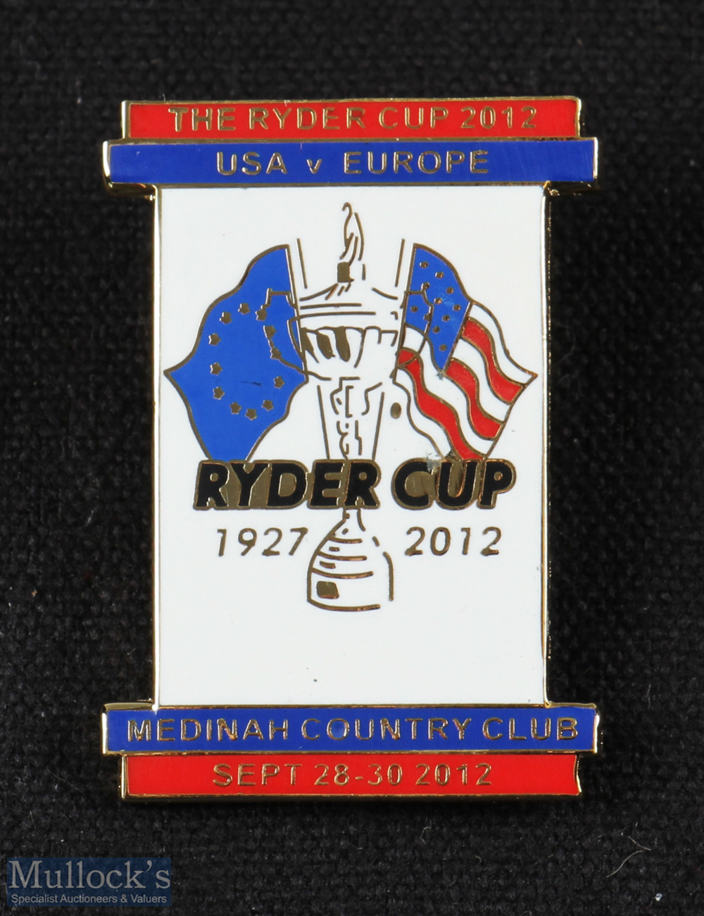 2012 Ryder Cup brass and enamel pin badge - played at The Medinah Country Club Chicago with Europe