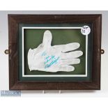 Signed Golf Glove signed Bernhard Langer, a used glove with dedication to Ian, framed and mounted