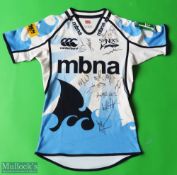 Sale Sharks Multi Signed Rugby Shirt with Number 21 printed to reverse, made by CCC, sponsored by