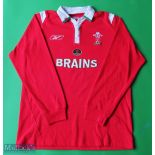 Wales Home Rugby Union Shirt made by Reebok, sponsored by Brains, Long Sleeve, Size M