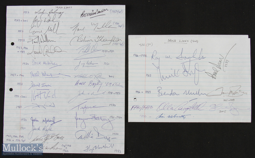 Very Rare Irish Rugby Lions Autographed Sheets: 34 British & Irish Lions from Ireland between 1950