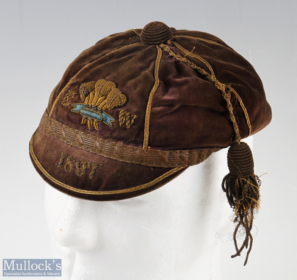 Rare 1897 Wales Rugby Trials Honours Cap: East v West WRU trial cap, Dec 1897, brown, lightly