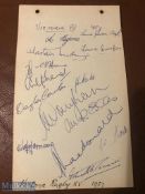 Victoria (Australia) Rugby XV 1957 Autographs: Fully signed sheet of 15 players' signatures. G