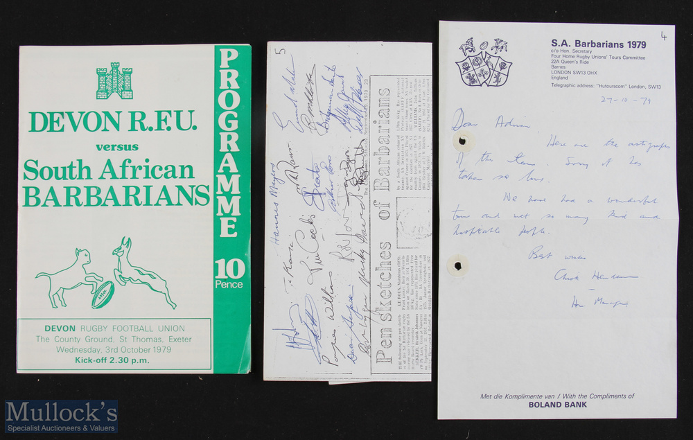 Scarce 1979 Devon v SA Barbarians Rugby Programme & Autographs etc (3): 4pp green issue for the