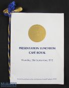1972 Rothmans presentation luncheon menu at the Café Royal, London for the top eleven players in
