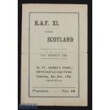 War time 1942/1943 RAF Benevolent fund match programme RAF XI v Scotland, 4 pager 5 December 1942 at